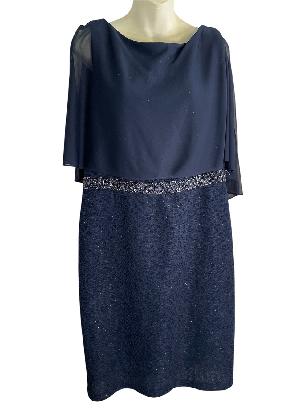 Cachet Navy Layered Cocktail Dress with Beaded Waist W/ Chiffon Overlay Size 16